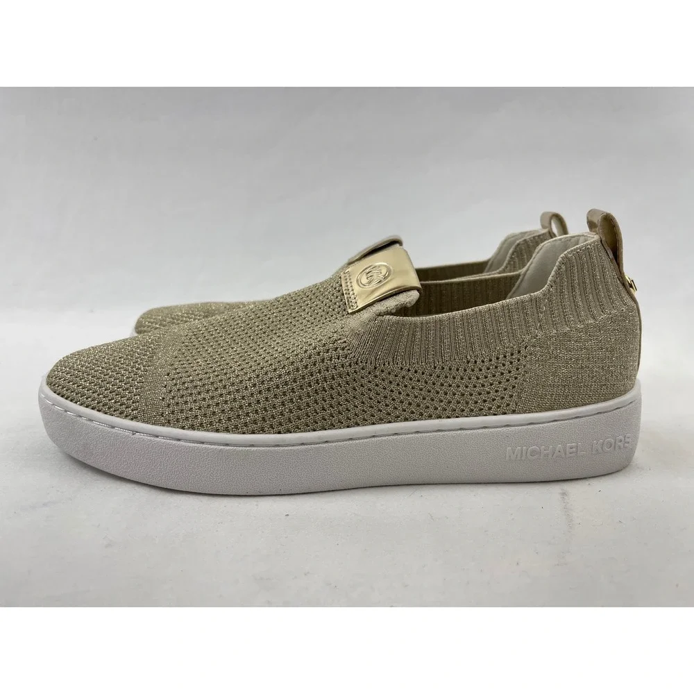 Michael Kors Bodie Womens‎ 7 M Gold Metallic Knit Slip On Sneaker Logo Excellent